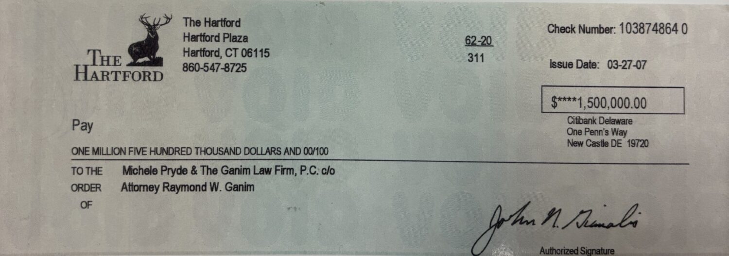 Check awarded to Michele Pryde from Ganim Law for pedestrian accident lawsuit