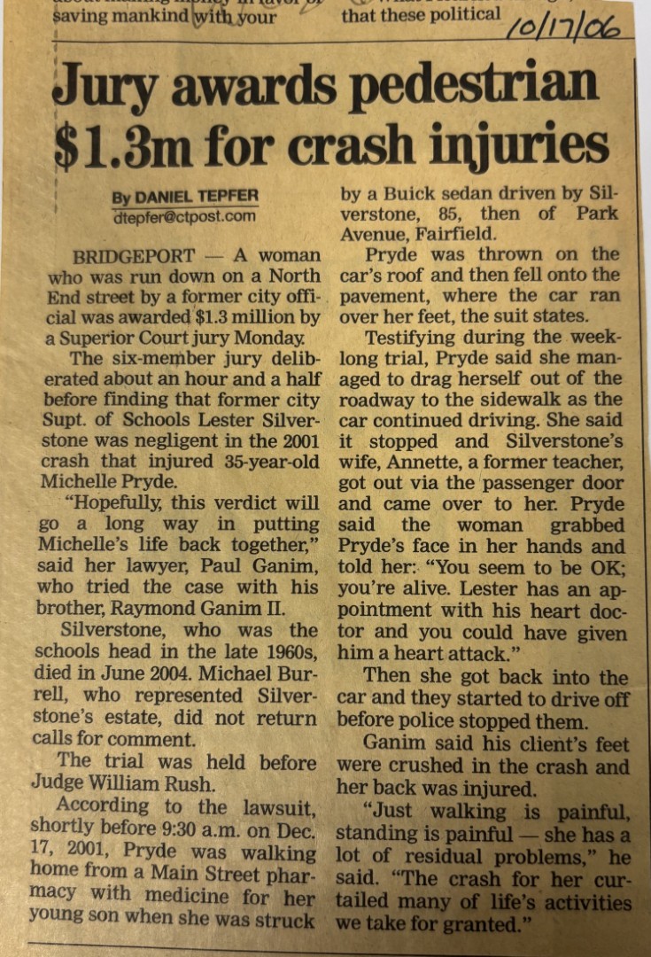 Newspaper article for pedestrian Michele Pryde, Bridgeport, CT crash injury victim
